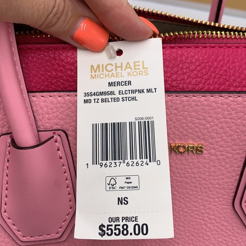 MICHAEL KORS Mercer Md Top ZipColor-Block Belted Satchel Crossbody Purse El Pink - Picture 16 of 16
